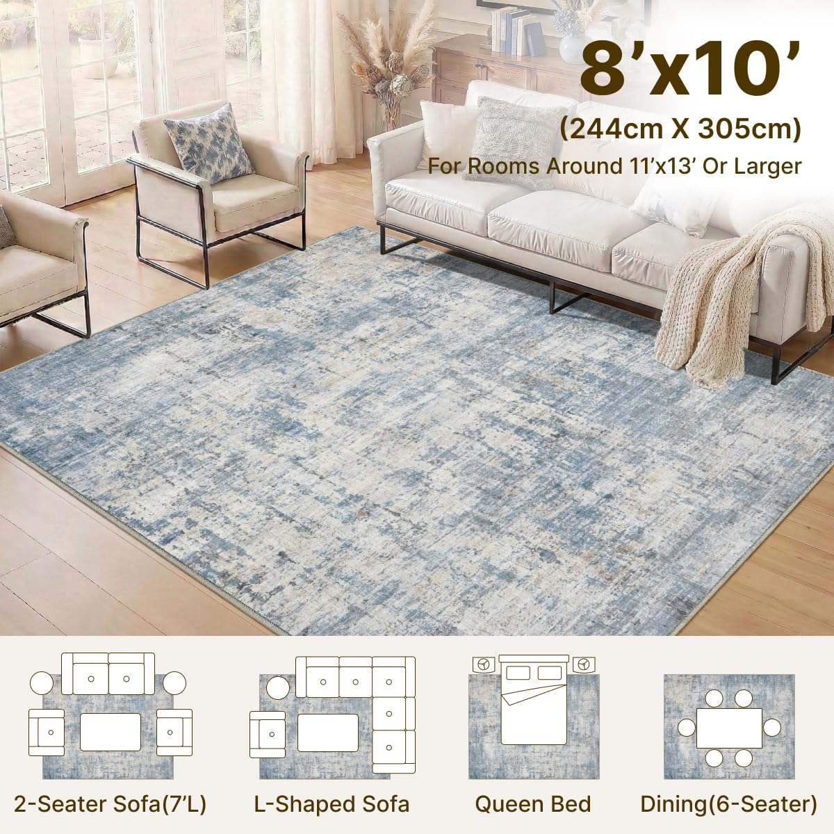 Modern Abstract Coastal Washable Blue Area Rug