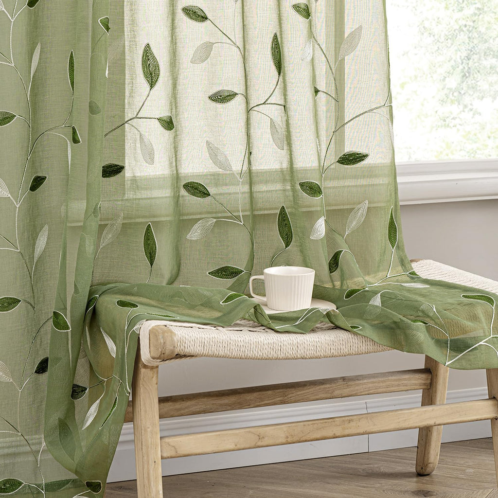 Sage Green Embroidered Leaf Sheer Curtains