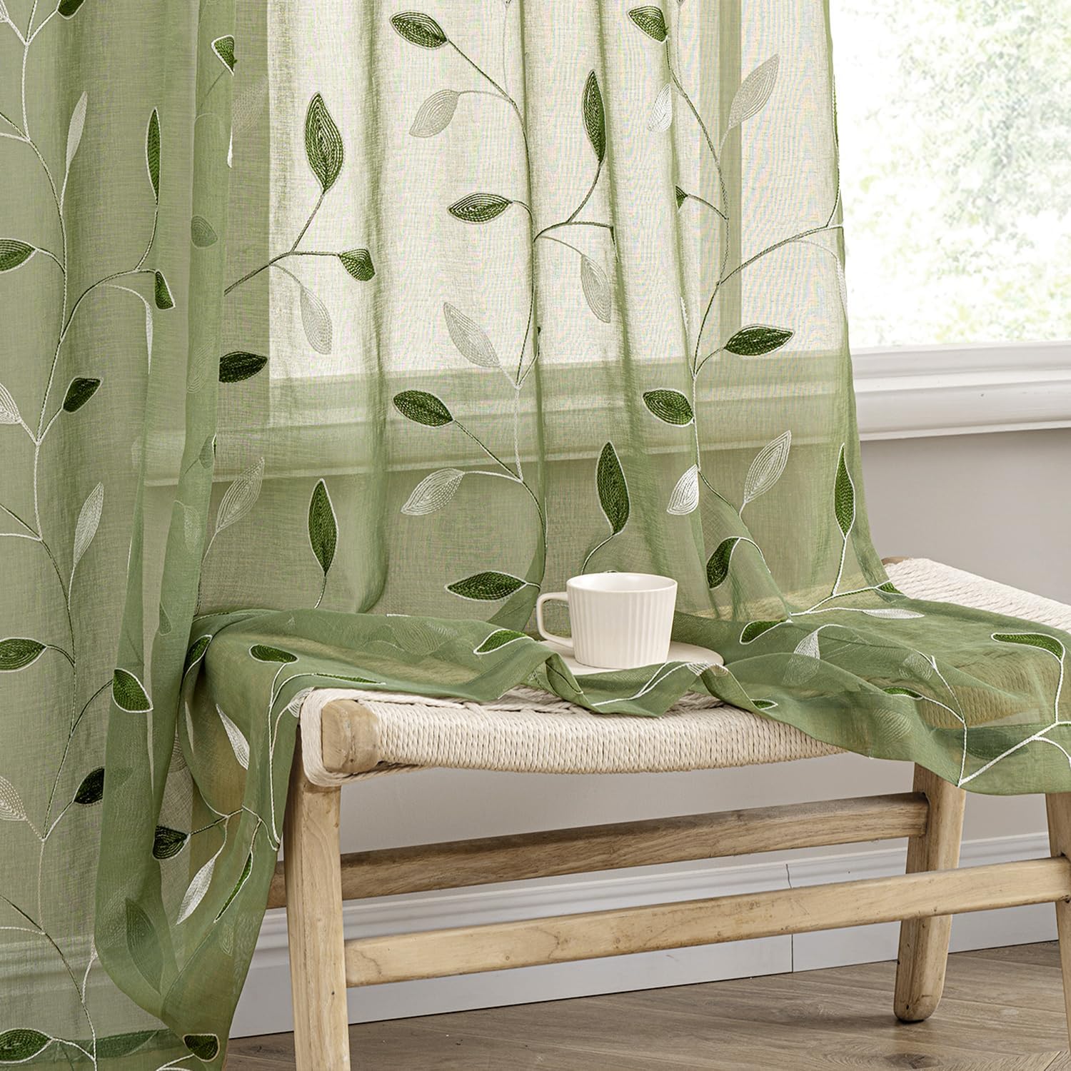 Sage Green Embroidered Leaf Sheer Curtains