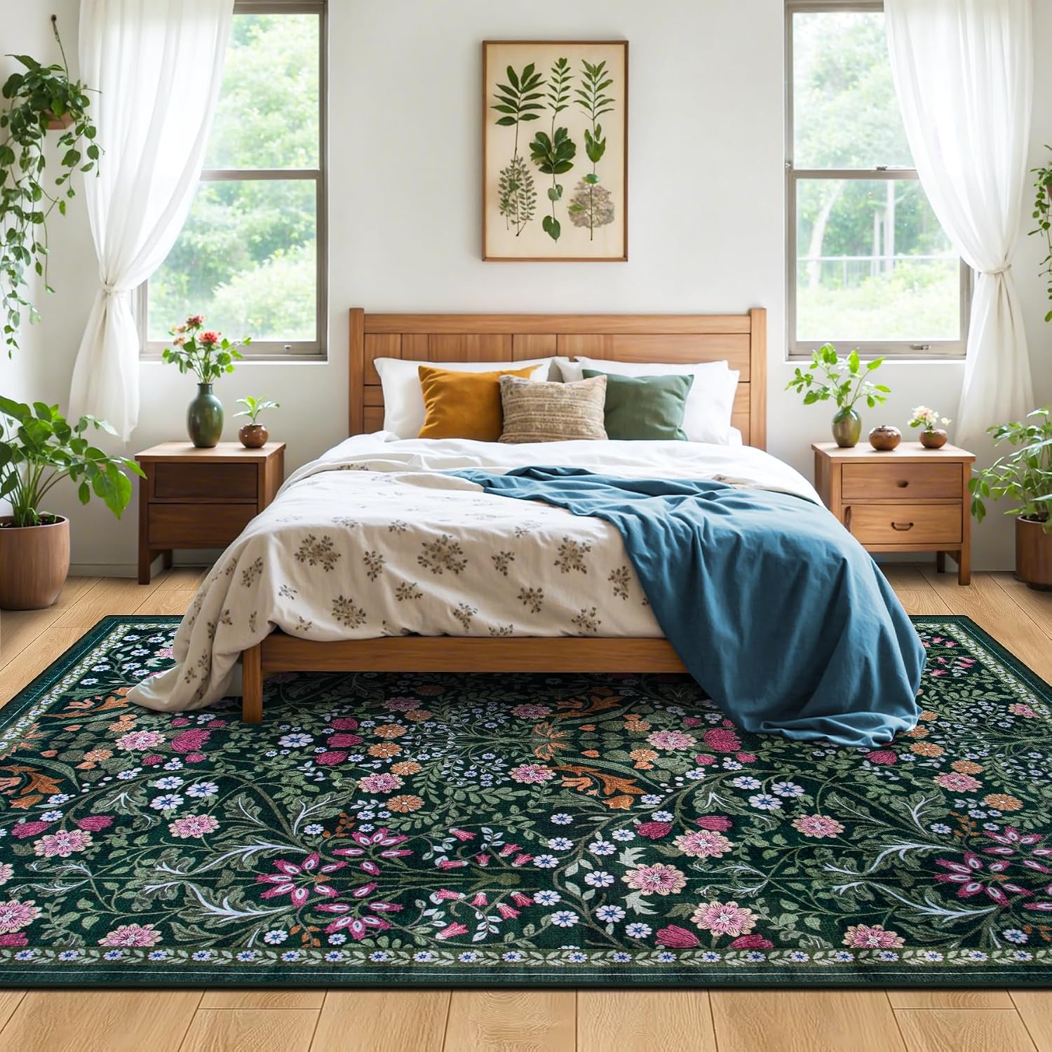 Floral Boho Washable Dark Green Area Rug
