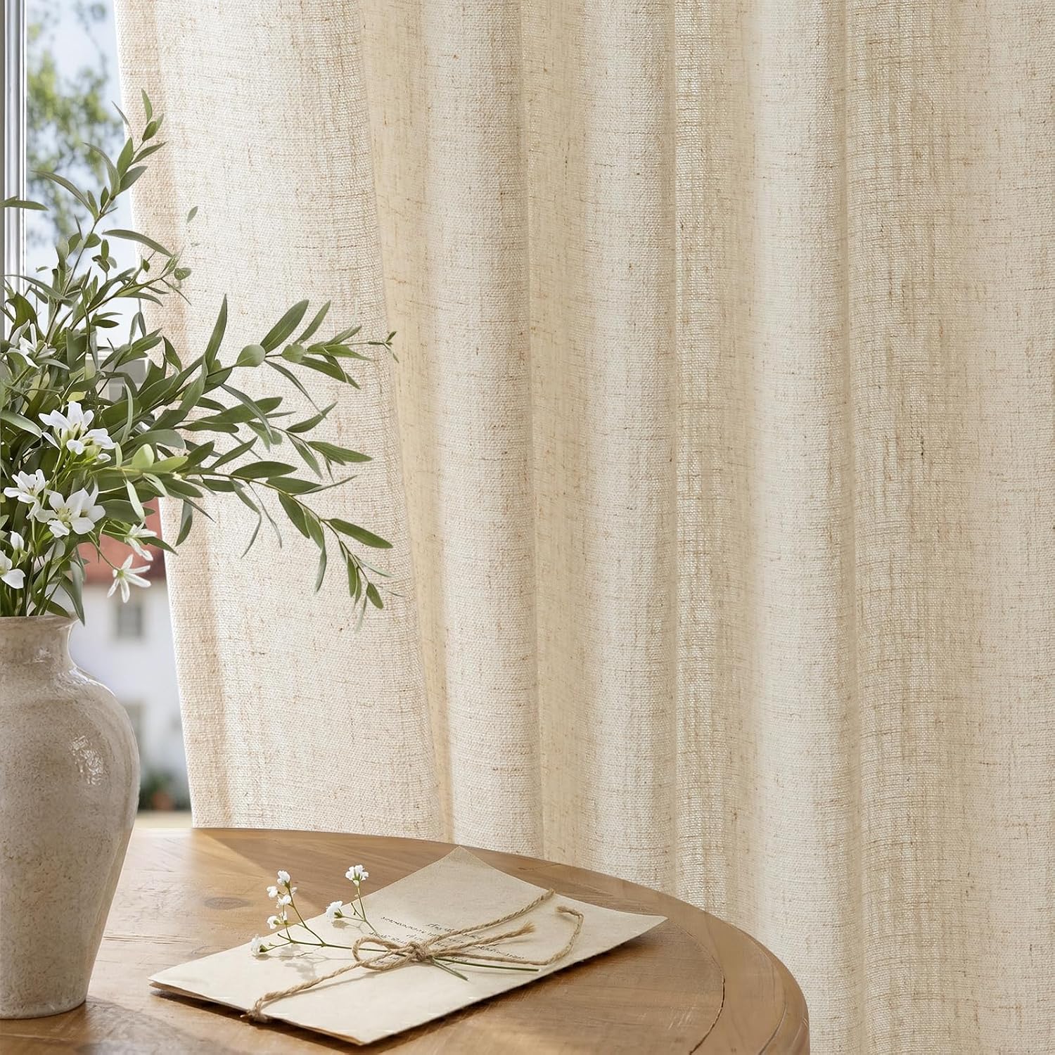 Cream Linen Pinch Pleated Semi Sheer Curtains