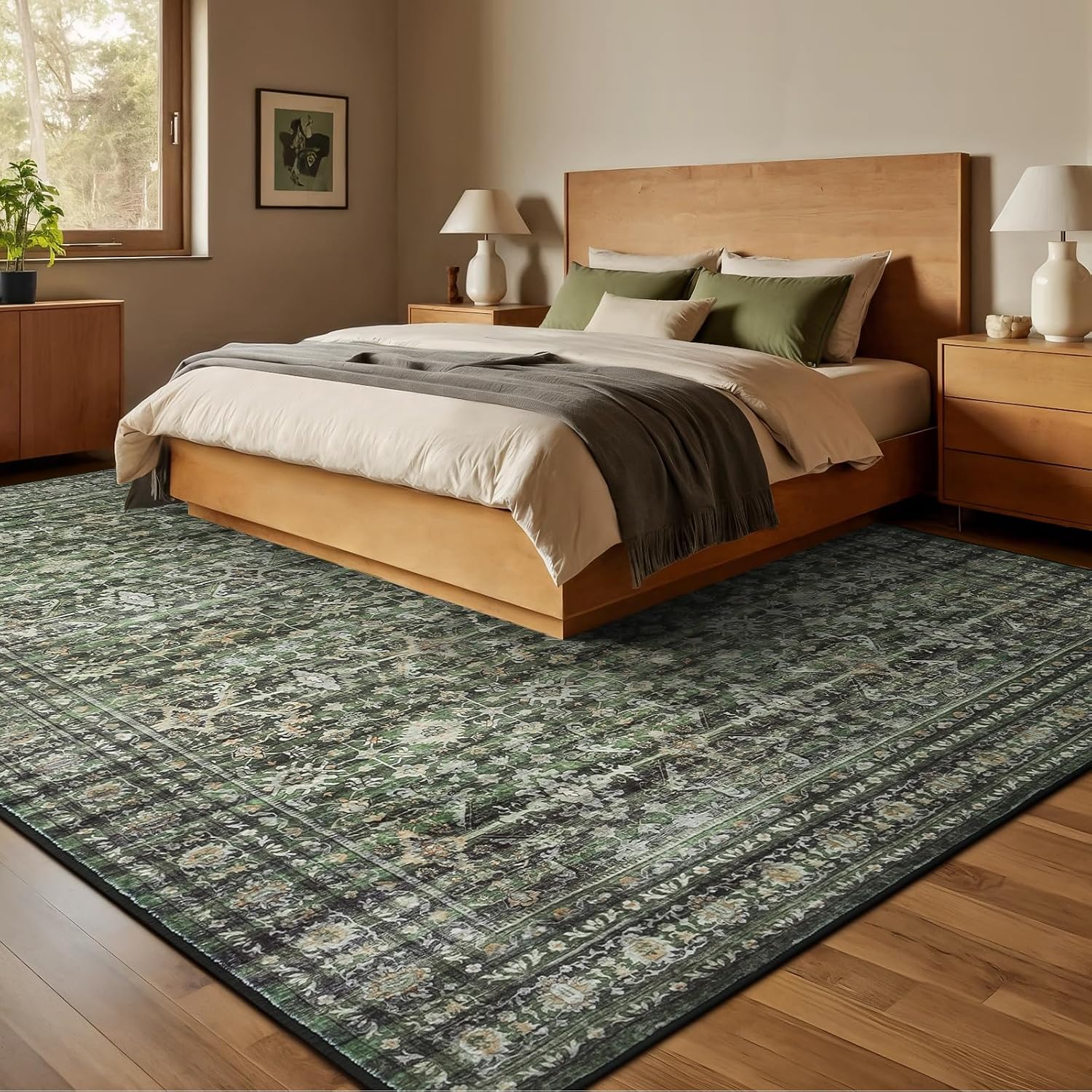 Boho Vintage Washable Green Area Rug
