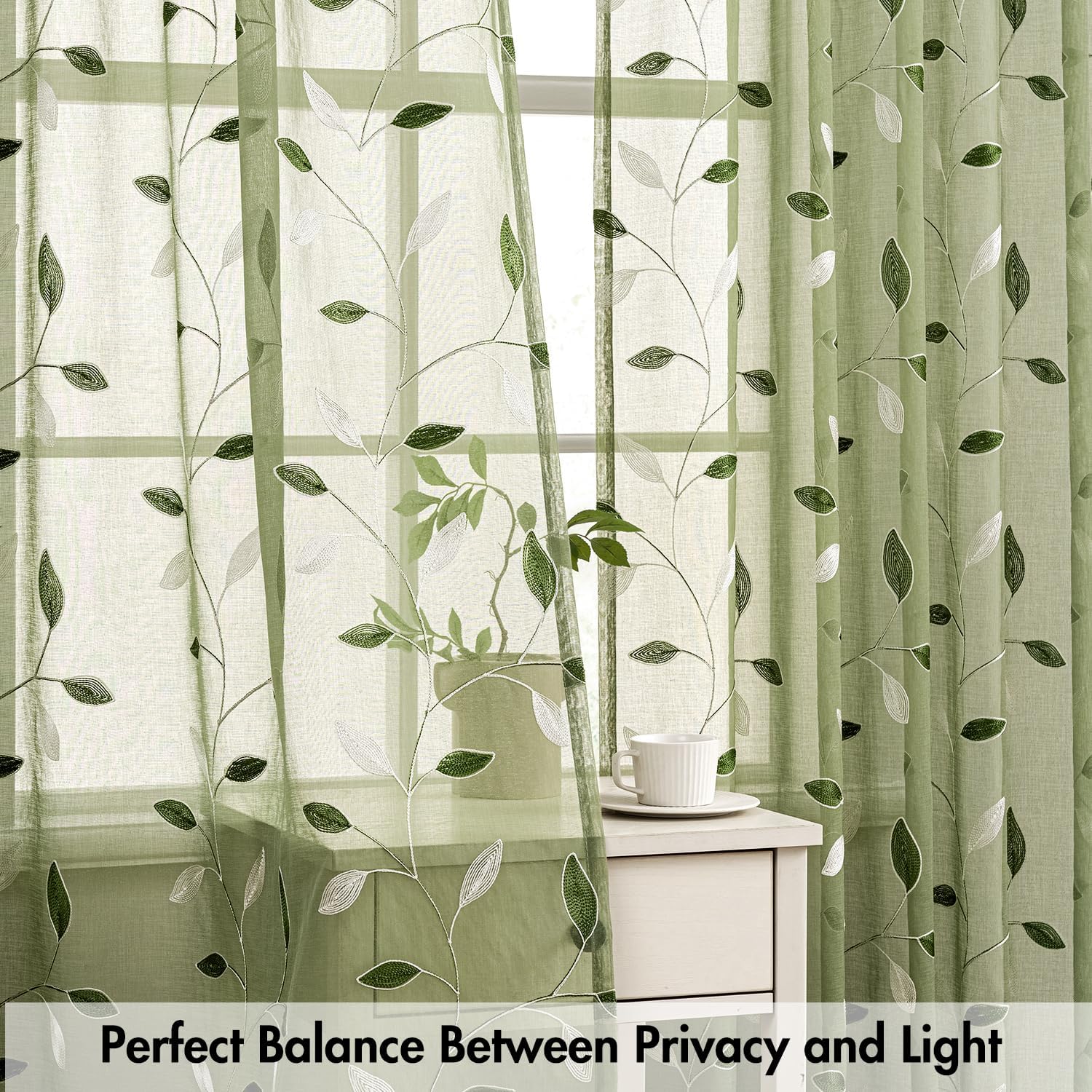 Sage Green Embroidered Leaf Sheer Curtains