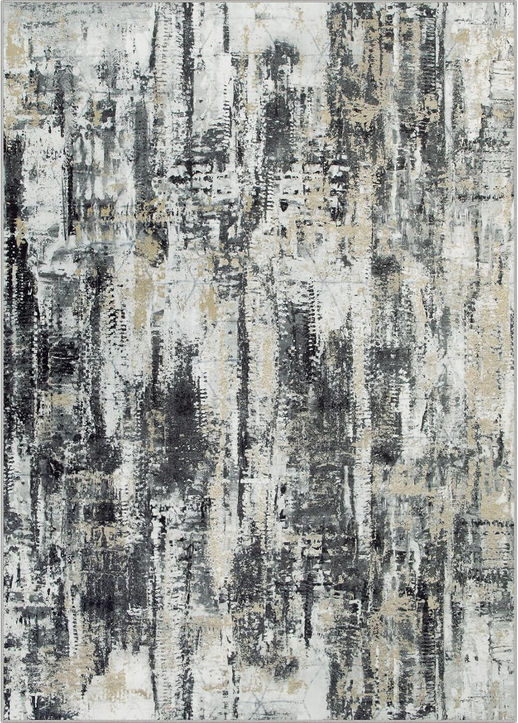 Modern Abstract Washable Black Grey Gold Area Rug