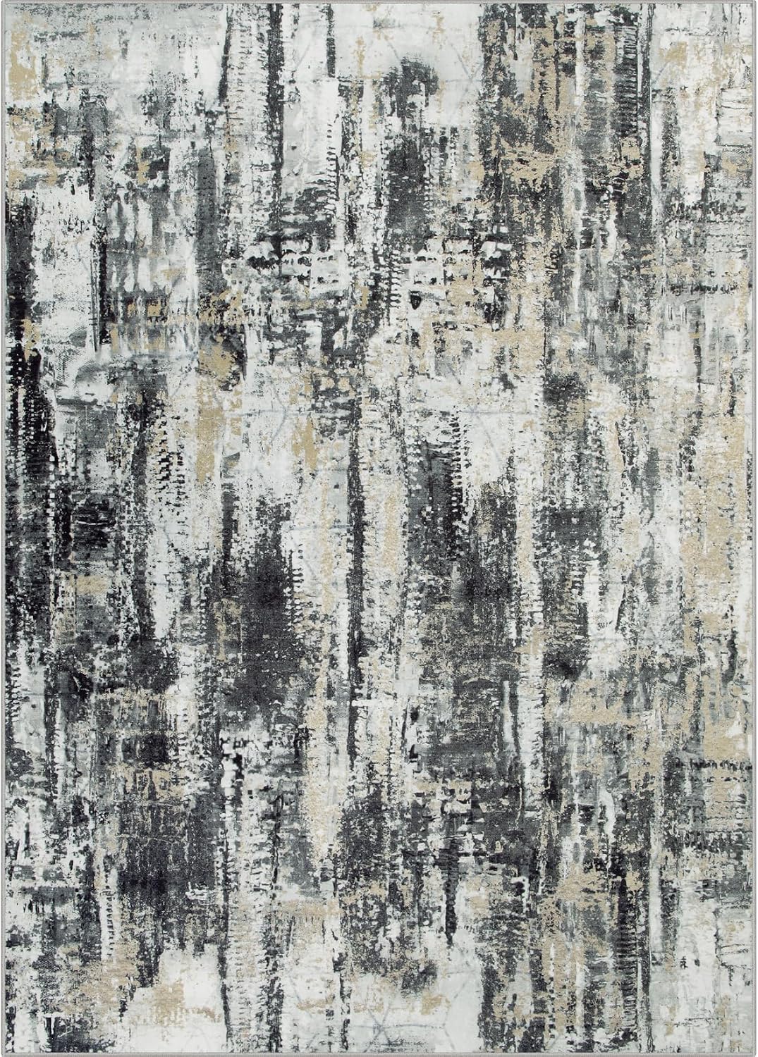 Modern Abstract Washable Black Grey Gold Area Rug