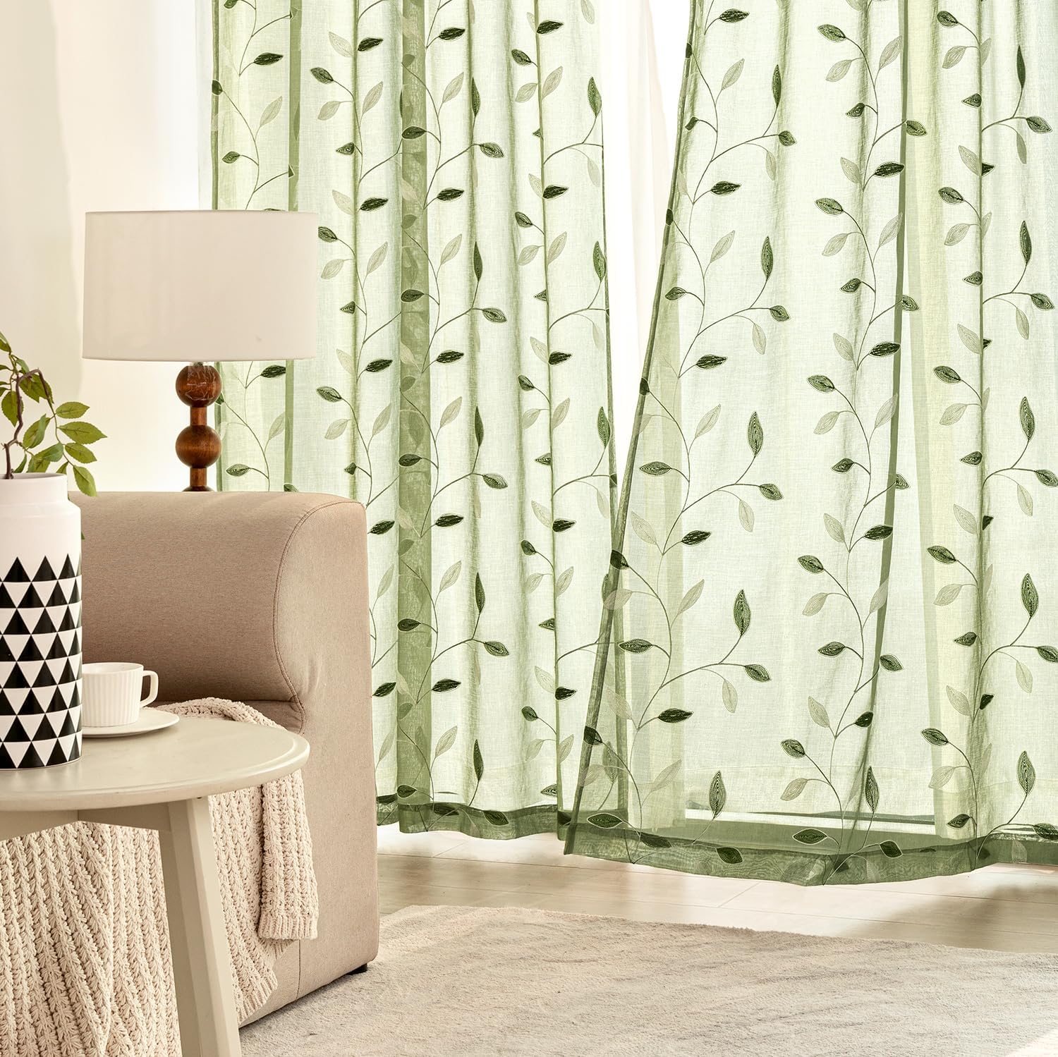 Sage Green Embroidered Leaf Sheer Curtains