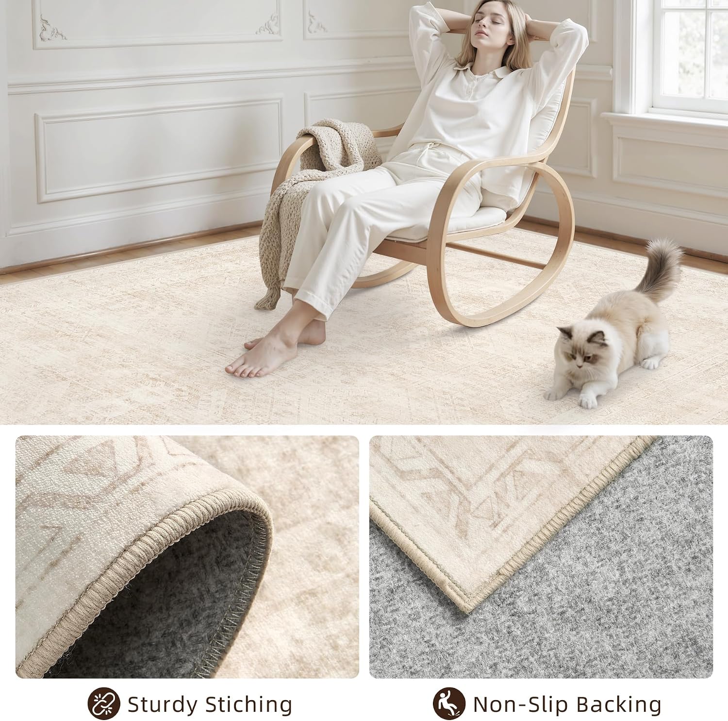 Vintage Boho Washable Beige Area Rug