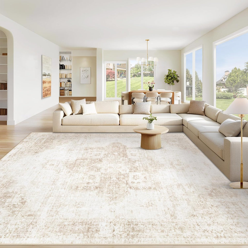 Vintage Boho Medallion Washable Beige Area Rug