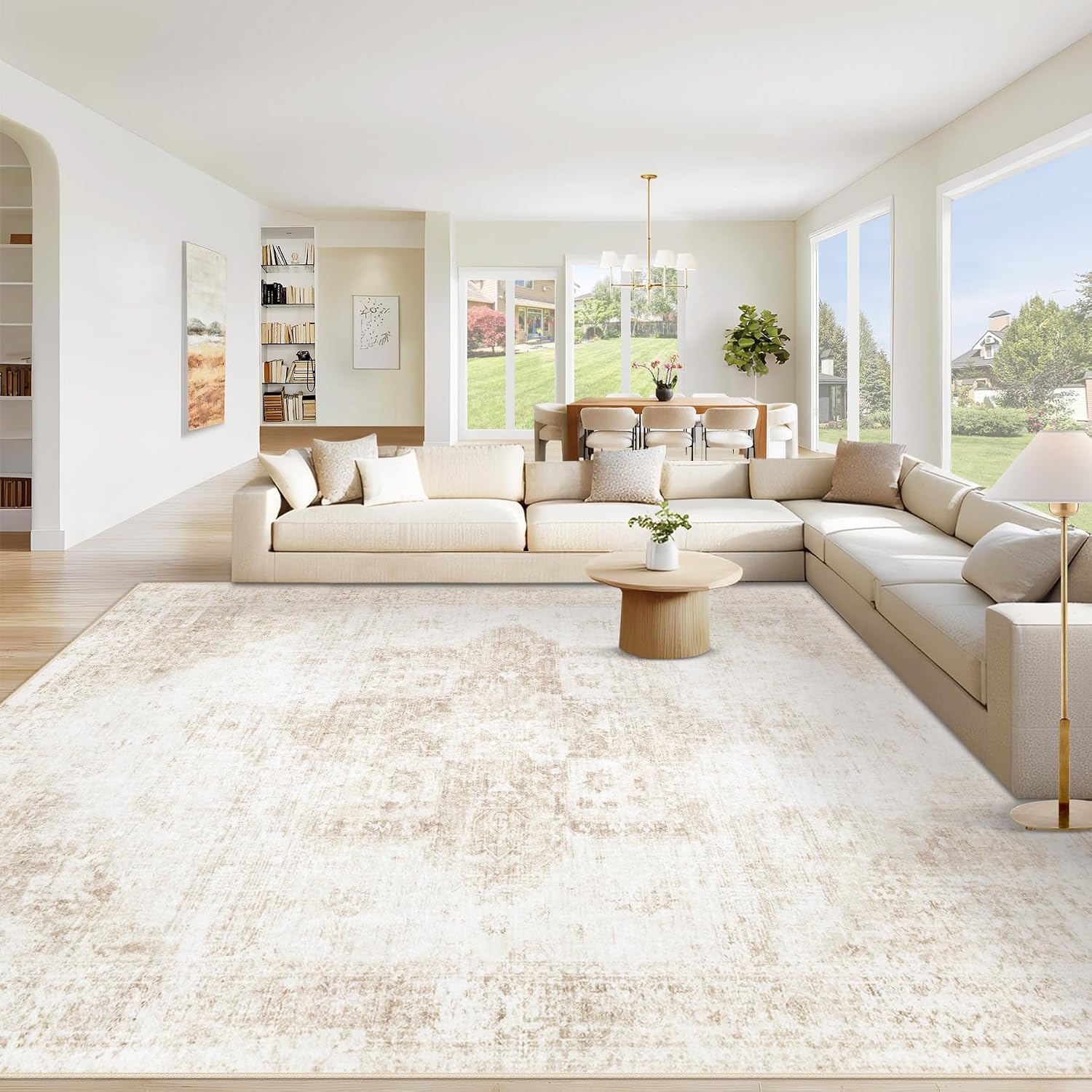 Vintage Boho Medallion Washable Beige Area Rug