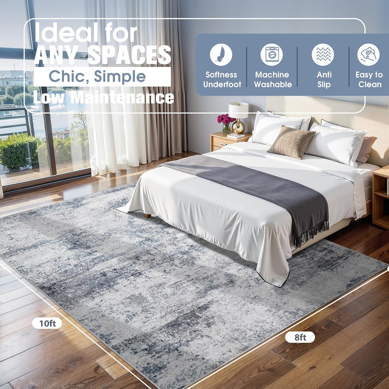 Modern Abstract Washable Blue Grey Area Rug