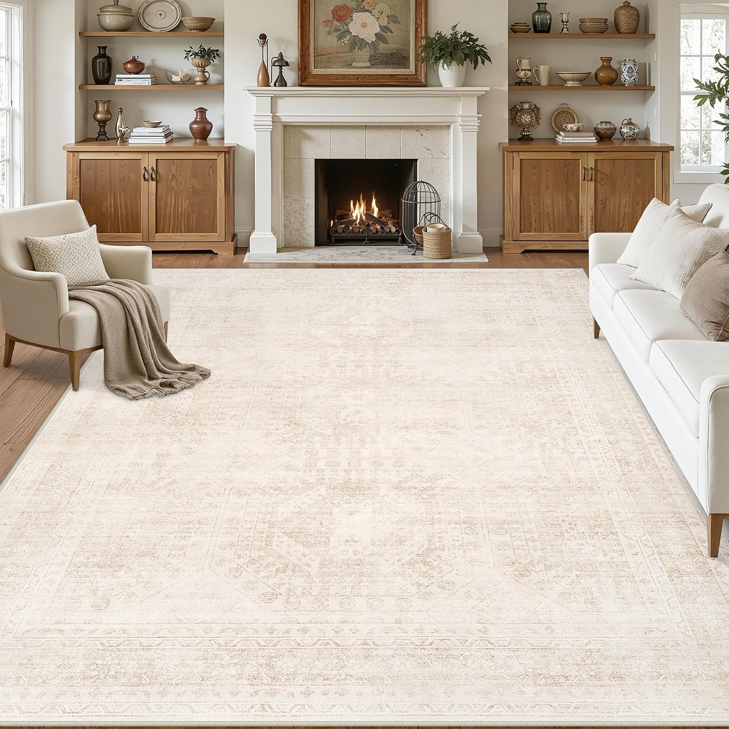 Vintage Boho Washable Beige Area Rug
