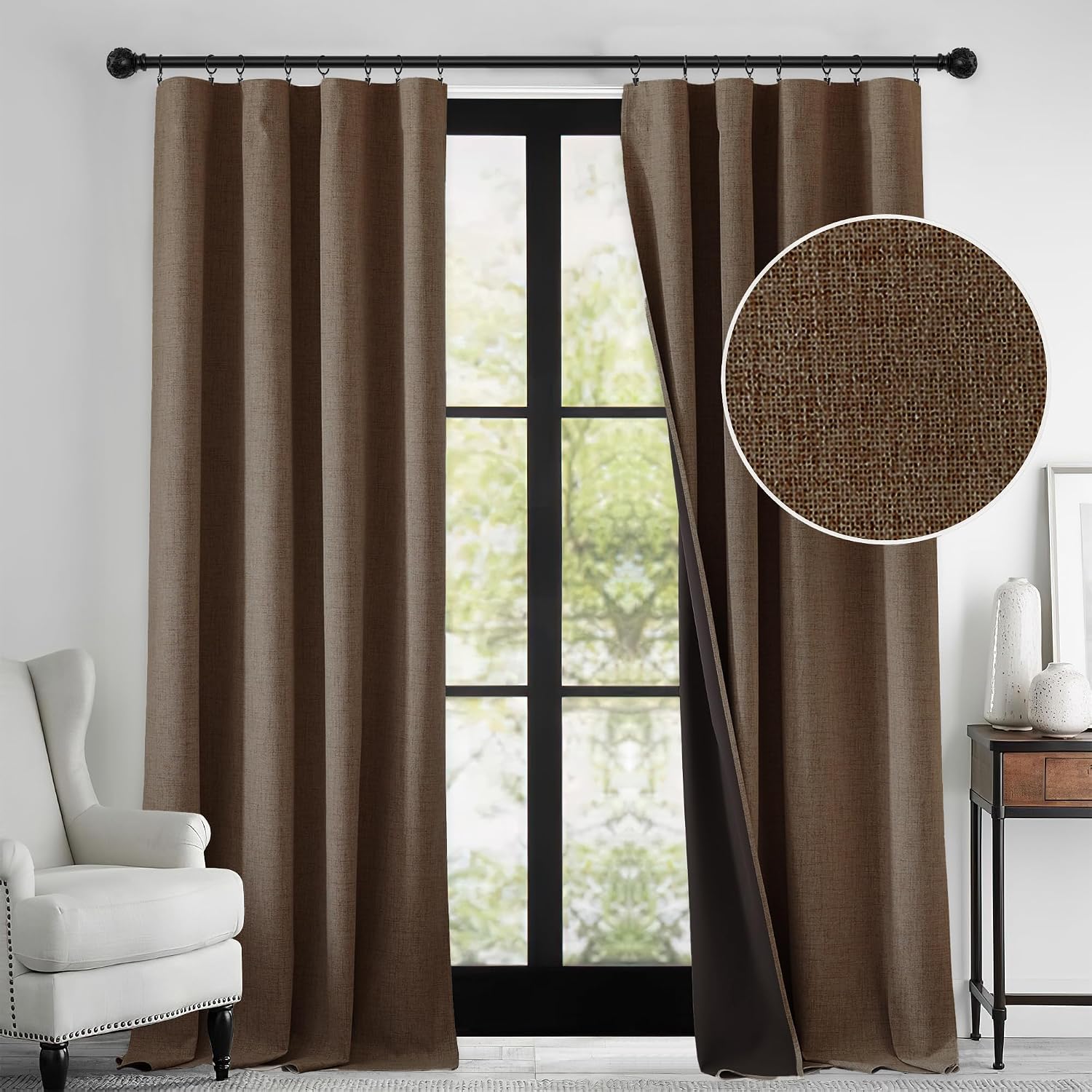 Brown Linen 100% Blackout Curtains