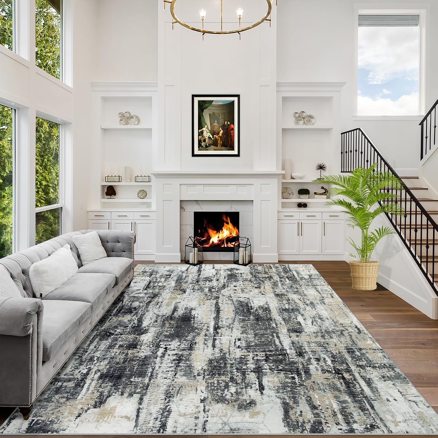 Modern Abstract Washable Black Grey Gold Area Rug