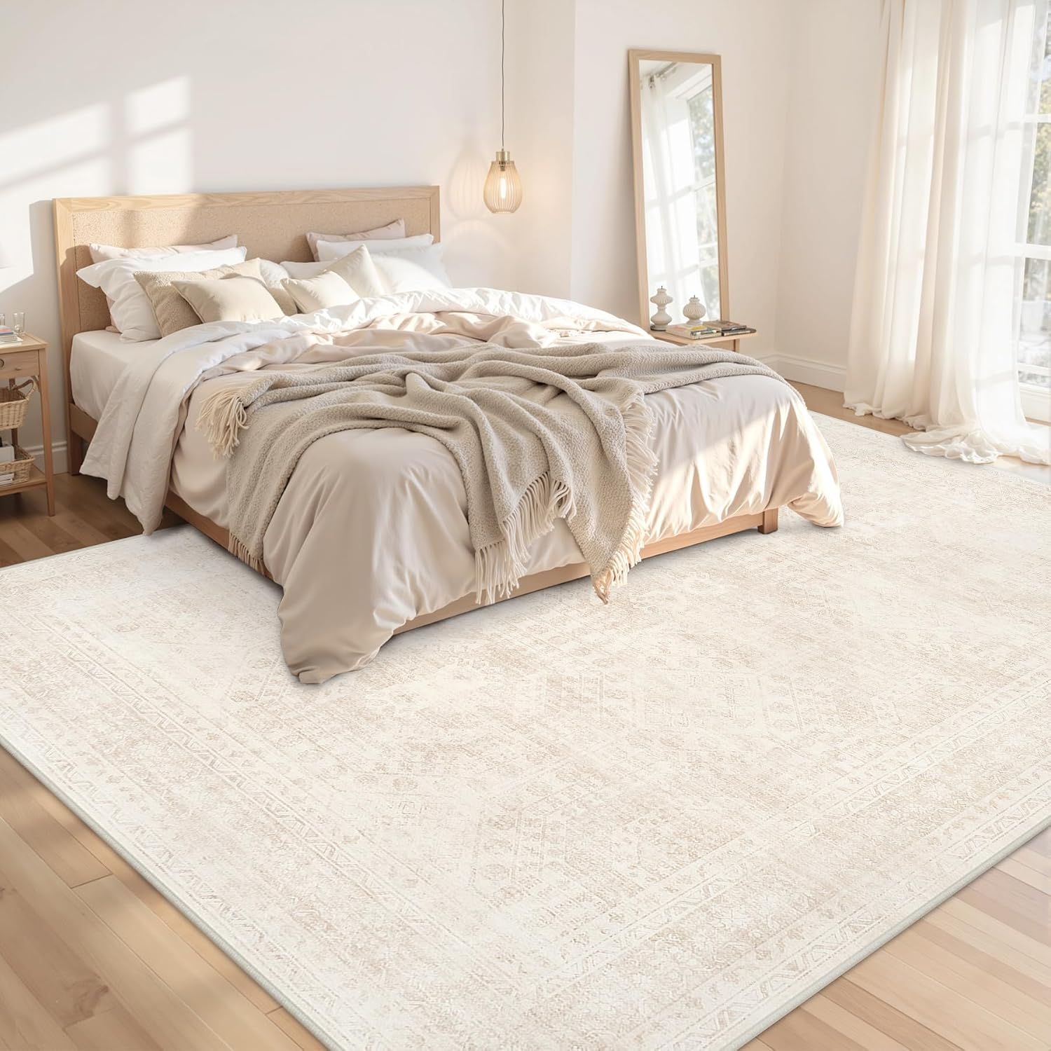Vintage Boho Washable Beige Area Rug