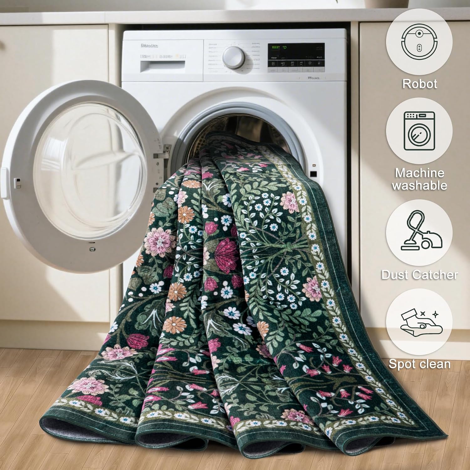 Floral Boho Washable Dark Green Area Rug