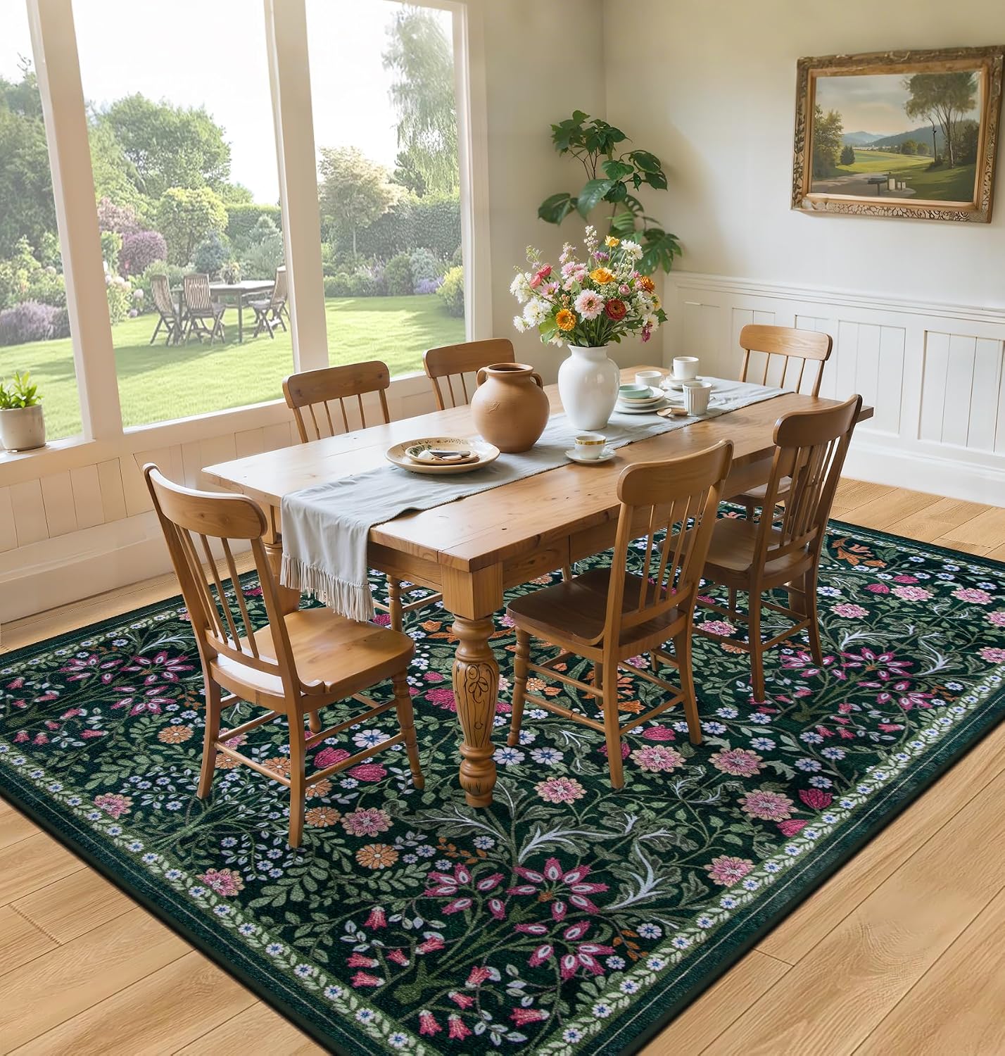 Floral Boho Washable Dark Green Area Rug