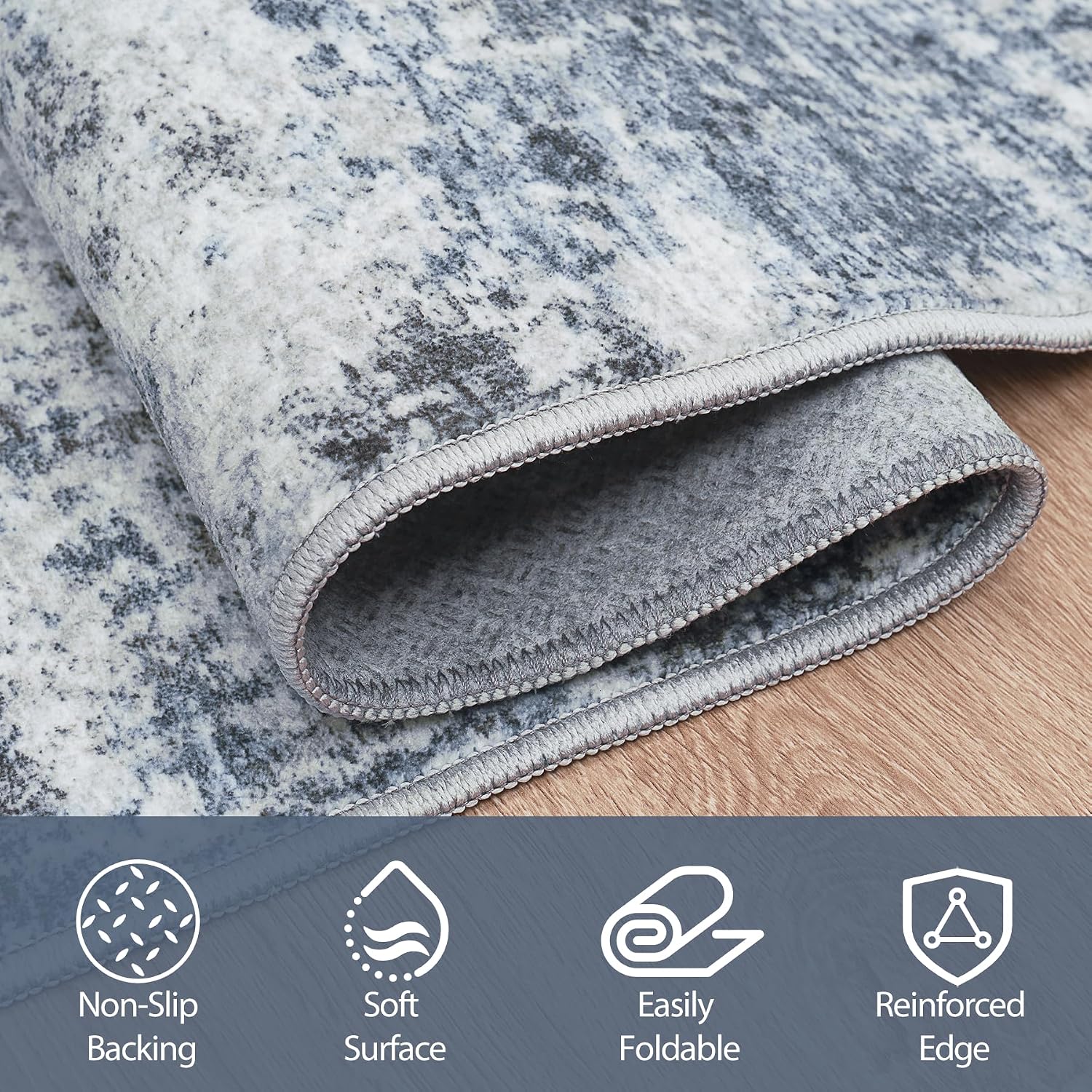 Modern Abstract Washable Blue Grey Area Rug