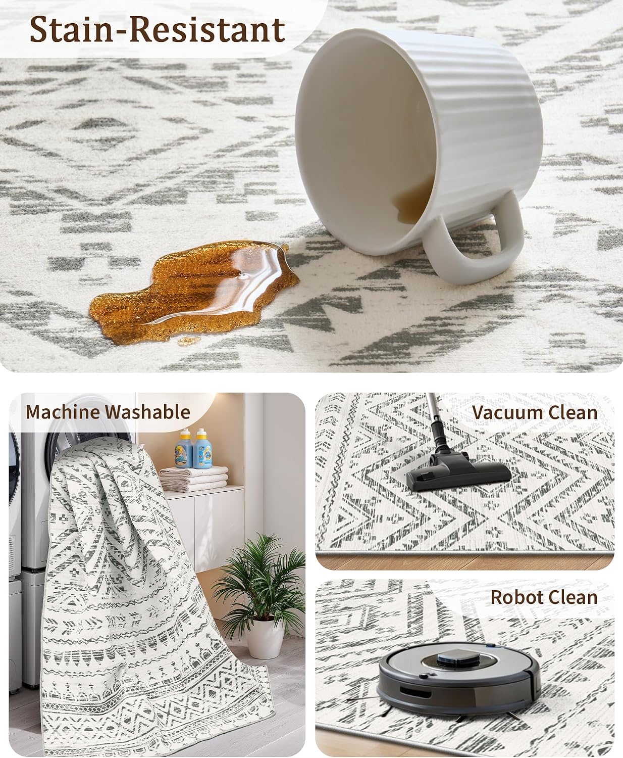 Moroccan Washable Grey Area Rug