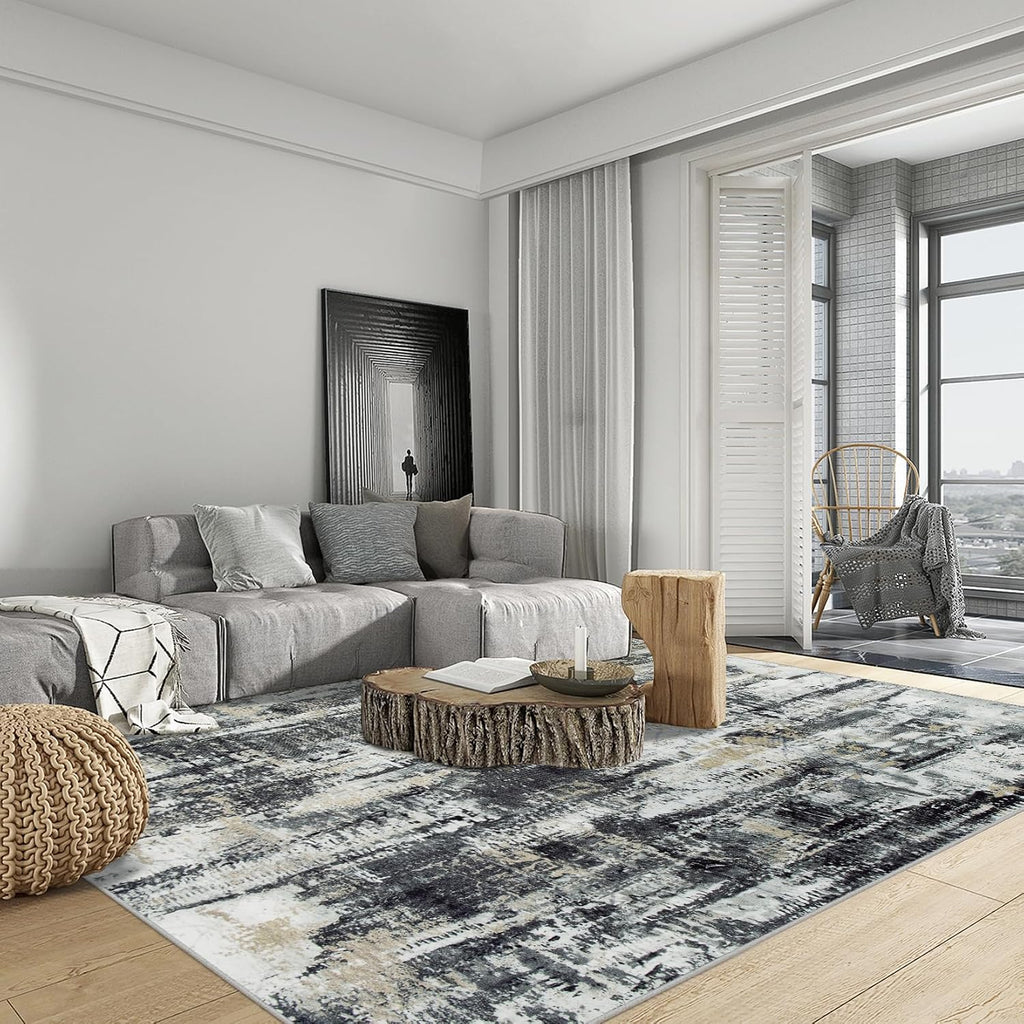 Modern Abstract Washable Black Grey Gold Area Rug