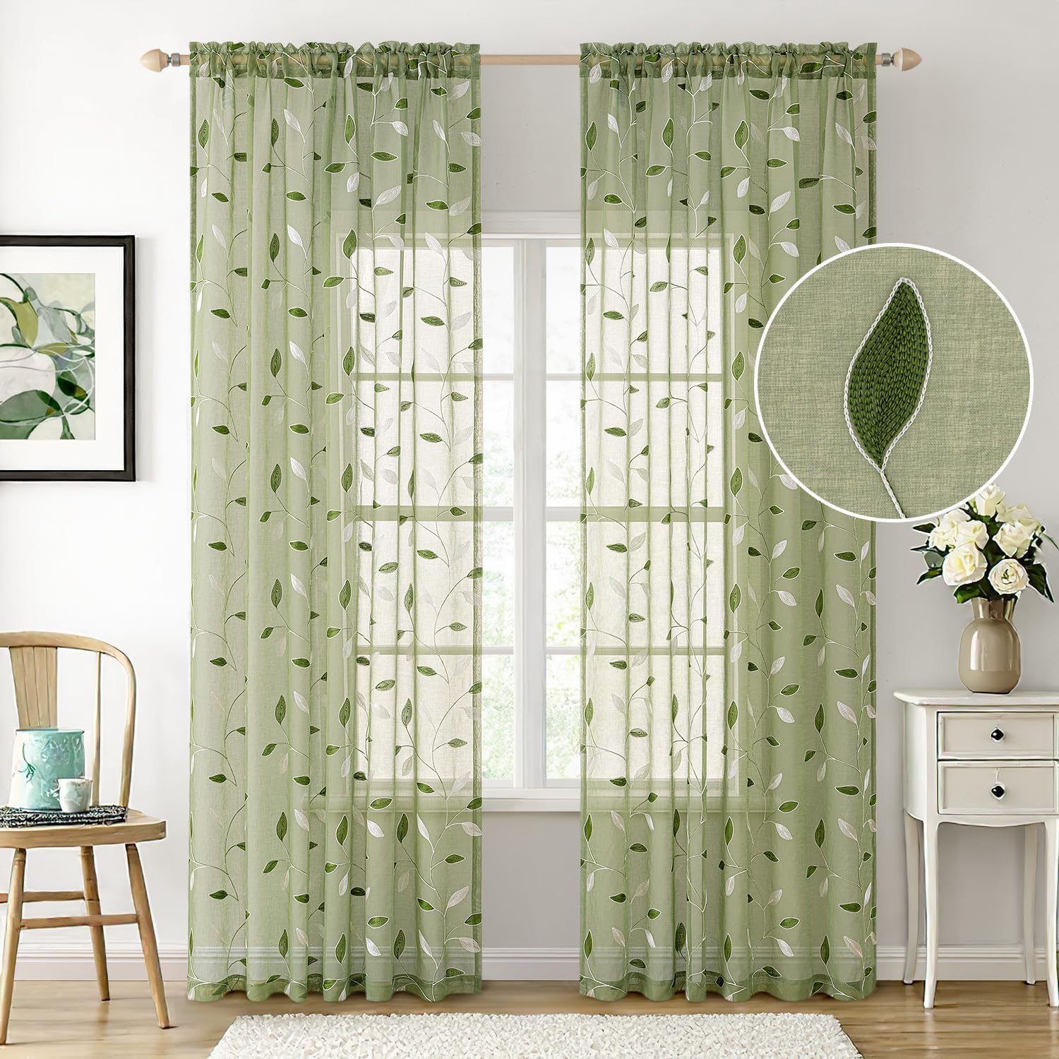 Sage Green Embroidered Leaf Sheer Curtains
