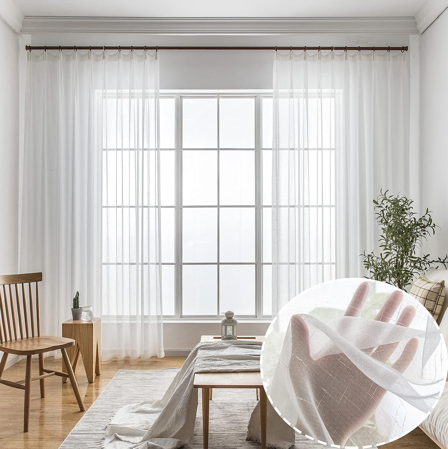 Off White Linen Textured Pinch Pleat Sheer Curtains
