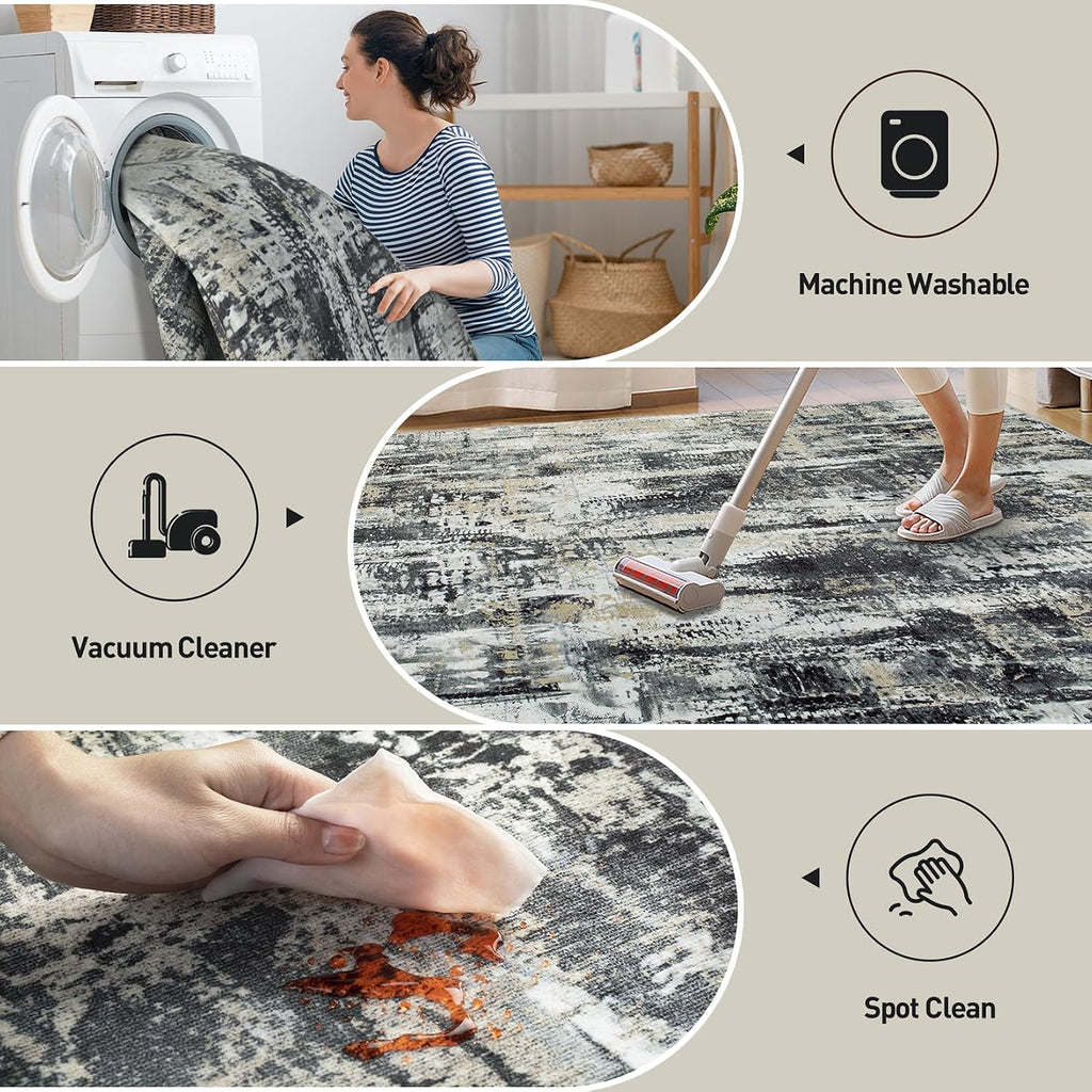Modern Abstract Washable Black Grey Gold Area Rug