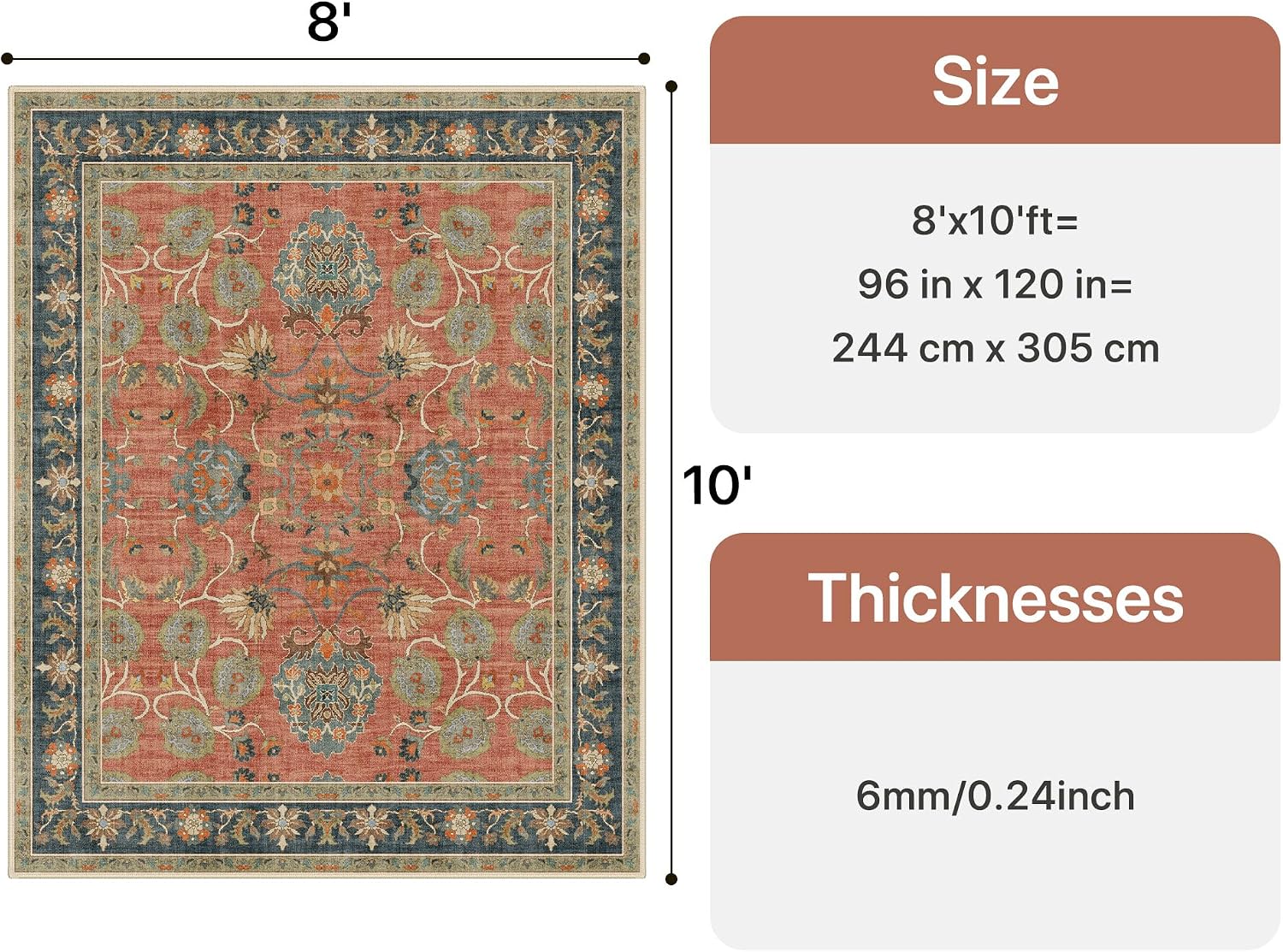 Vintage Floral Washable Coral Blue Area Rug