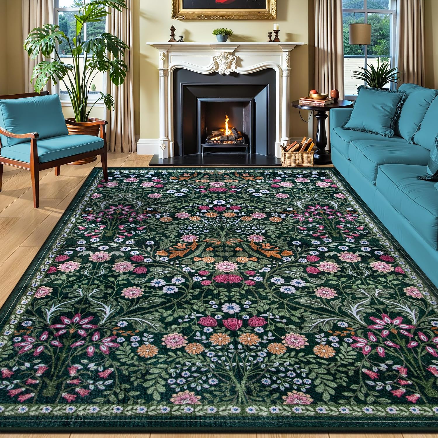 Floral Boho Washable Dark Green Area Rug