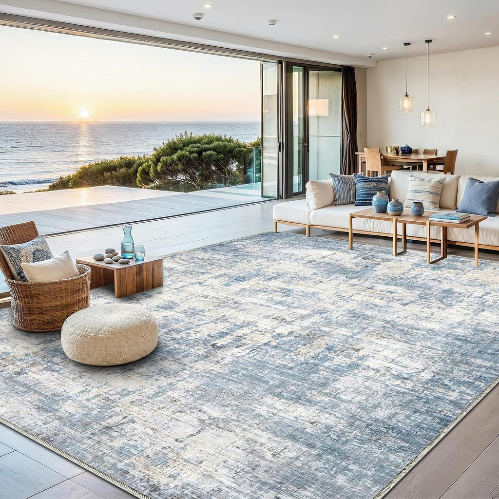 Modern Abstract Coastal Washable Blue Area Rug
