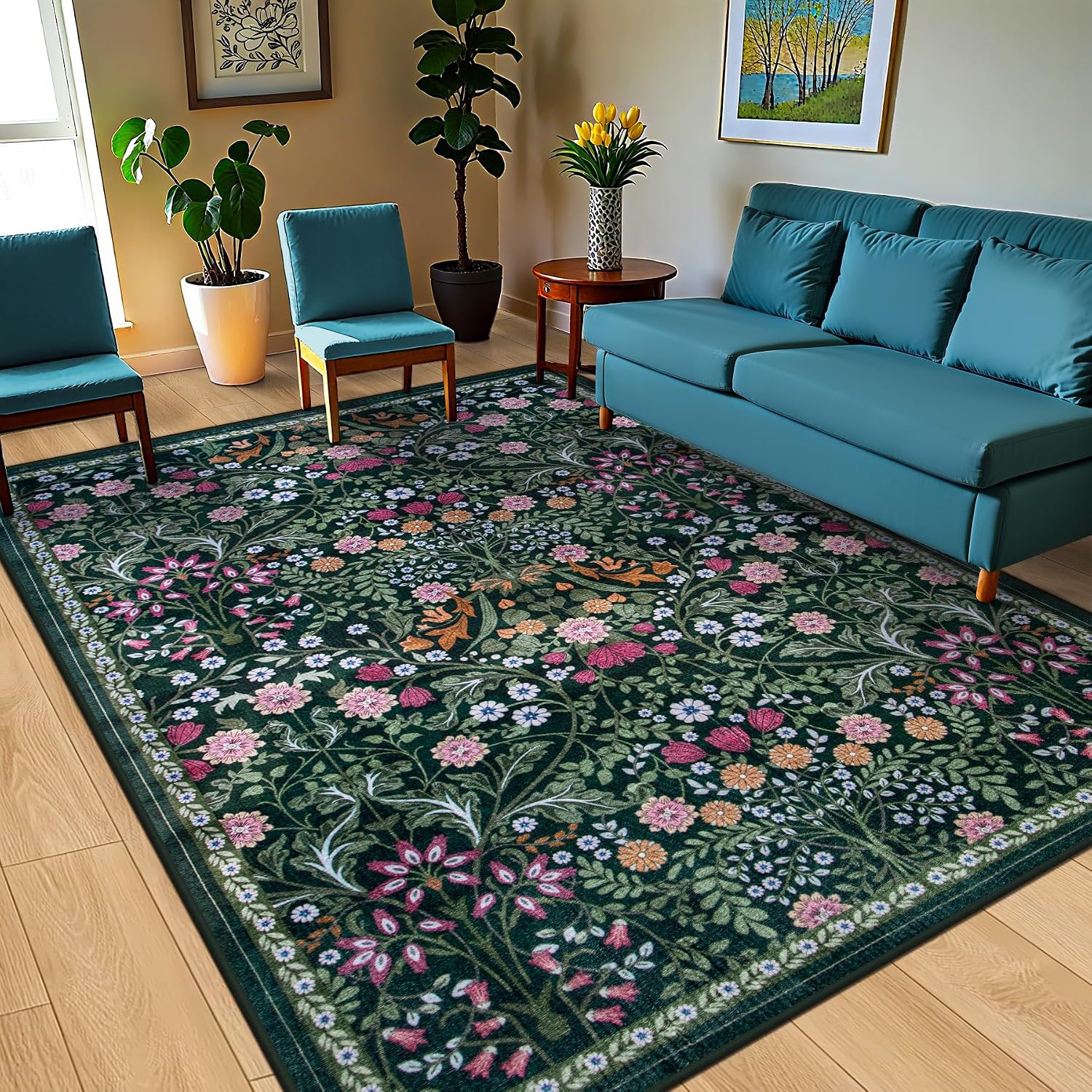 Floral Boho Washable Dark Green Area Rug