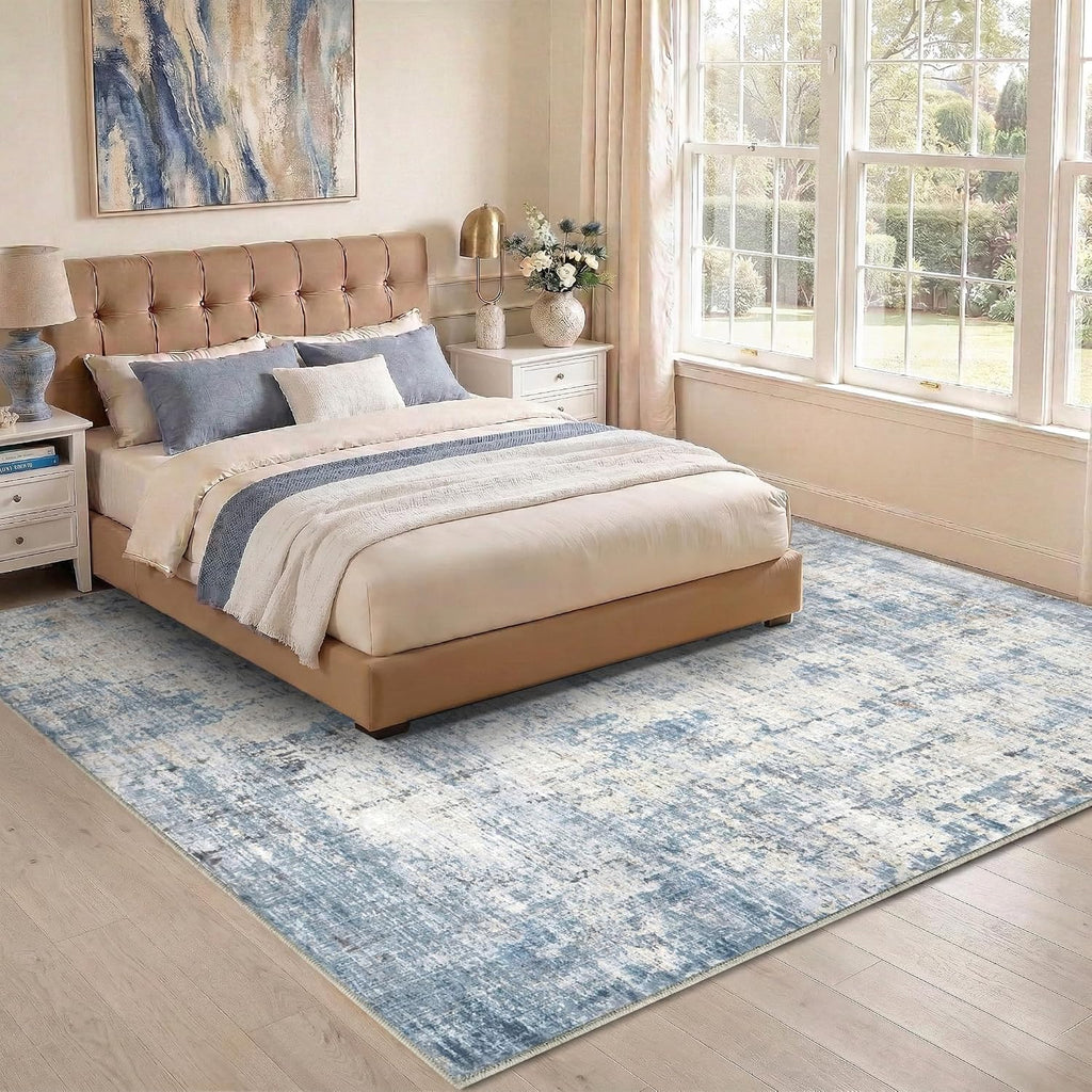 Modern Abstract Coastal Washable Blue Area Rug