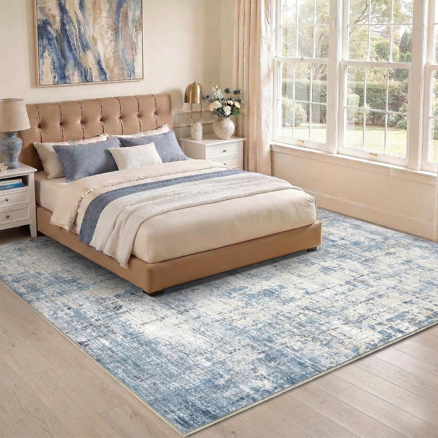 Modern Abstract Coastal Washable Blue Area Rug