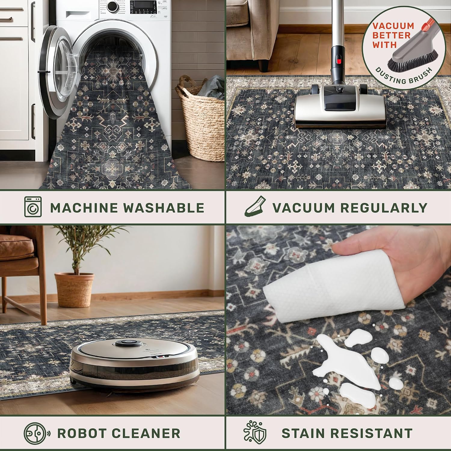 Farmhouse Washable Black Multi Area Rug