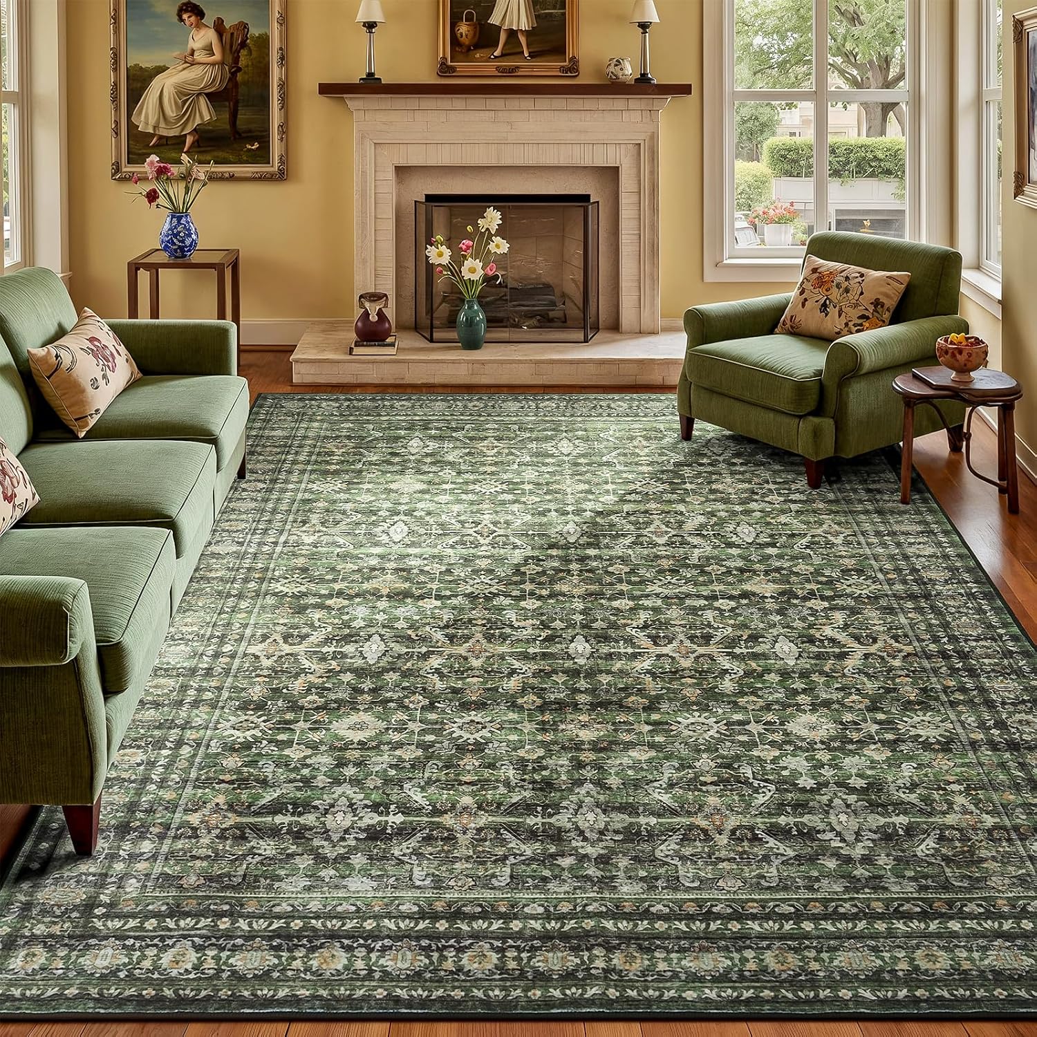 Boho Vintage Washable Green Area Rug