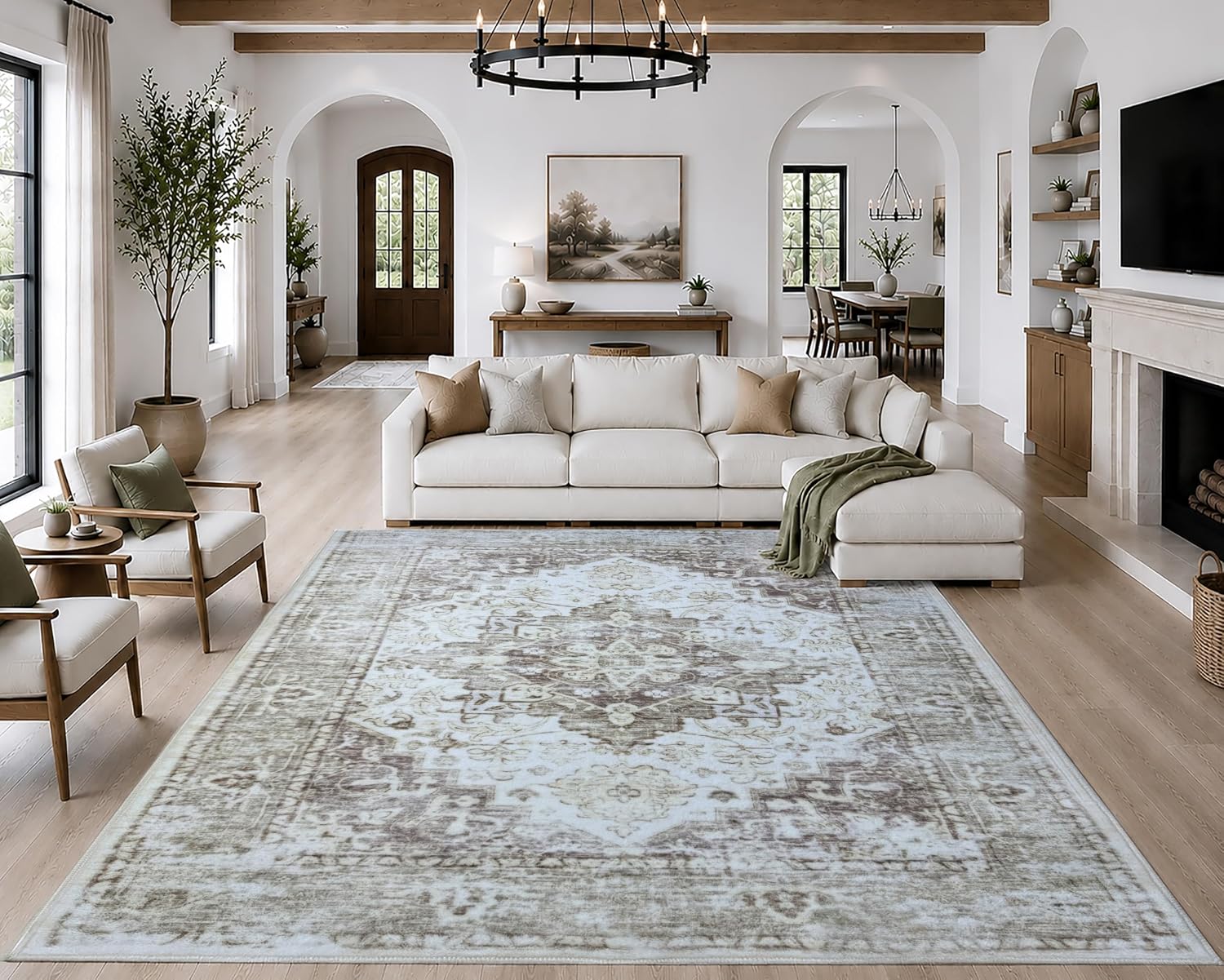 Boho Washable Beige Area Rug