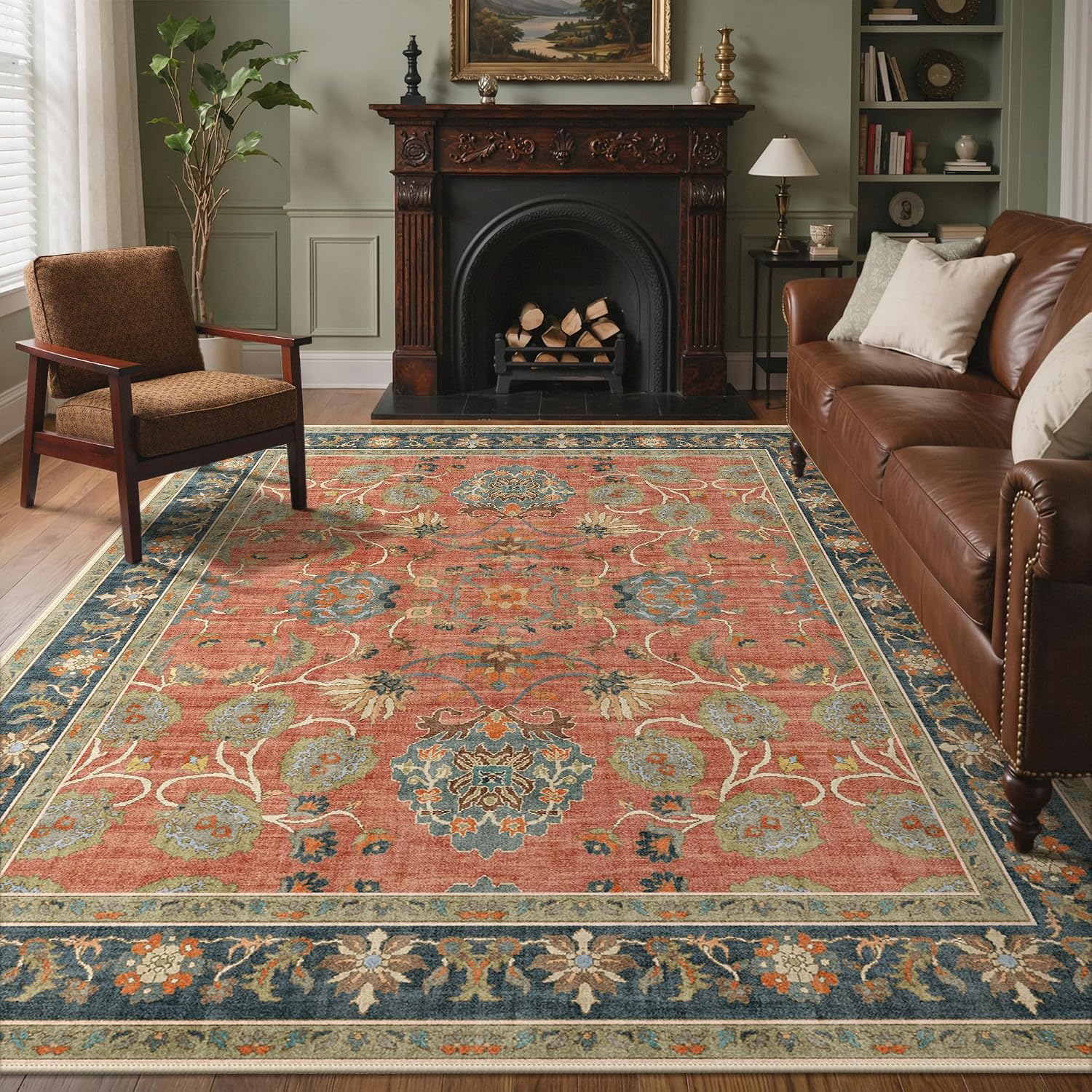 Vintage Floral Washable Coral Blue Area Rug