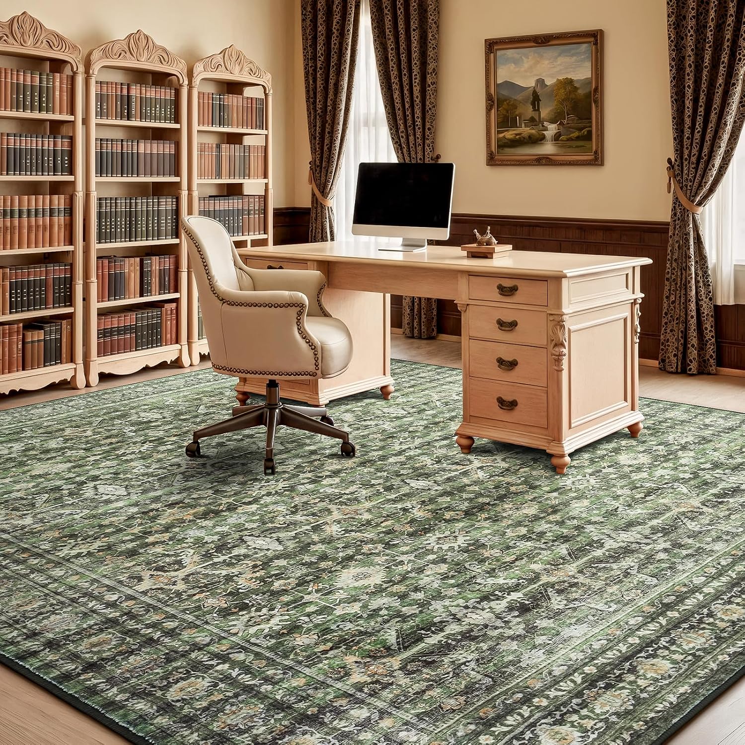 Boho Vintage Washable Green Area Rug