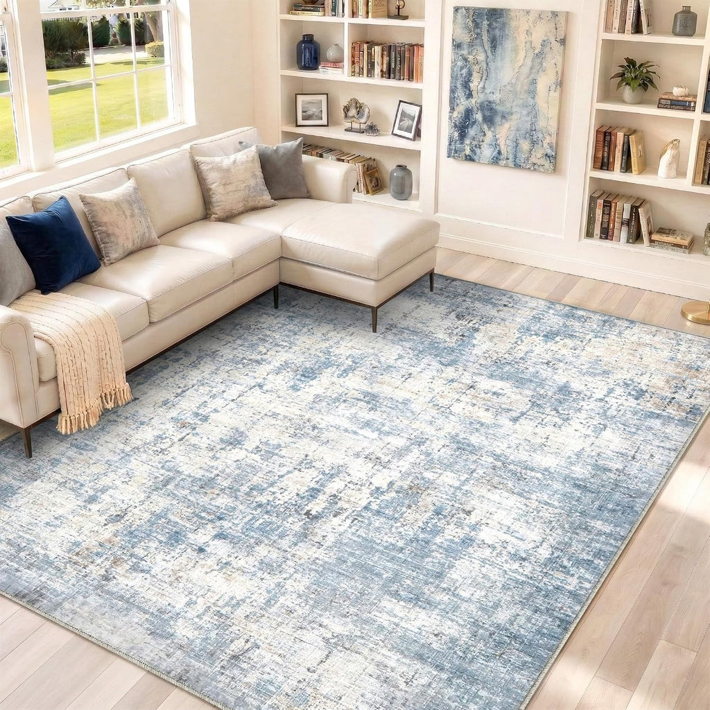 Modern Abstract Coastal Washable Blue Area Rug