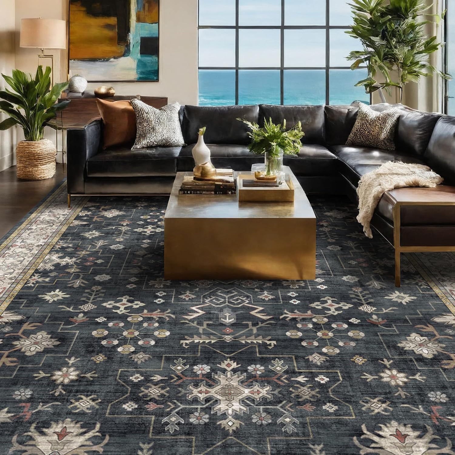 Farmhouse Washable Black Multi Area Rug