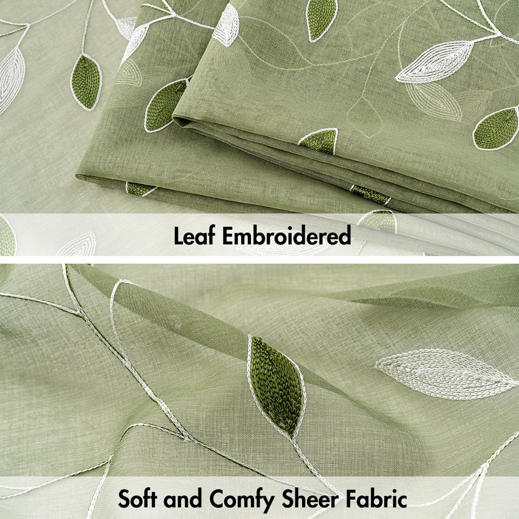 Sage Green Embroidered Leaf Sheer Curtains