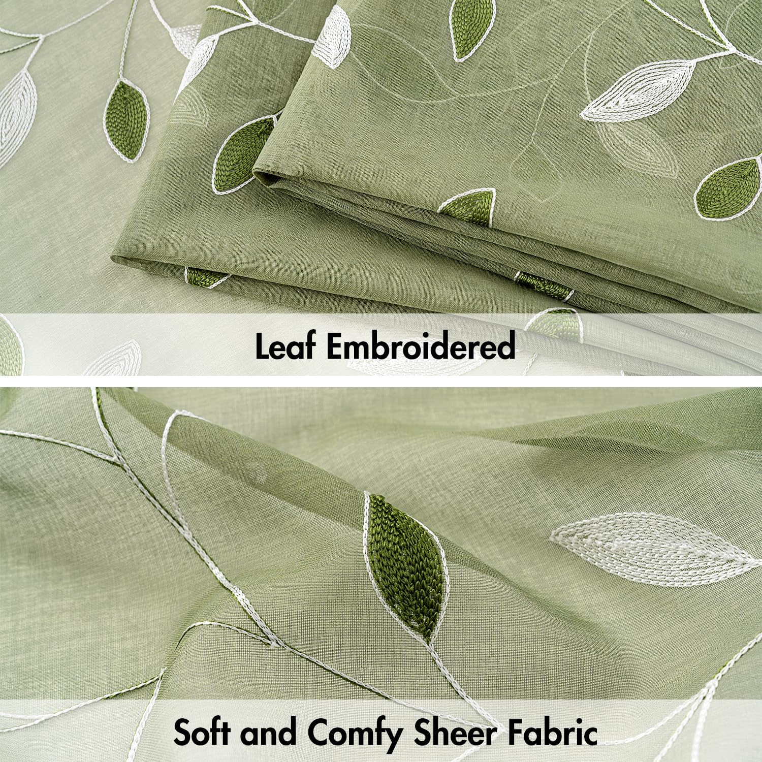 Sage Green Embroidered Leaf Sheer Curtains