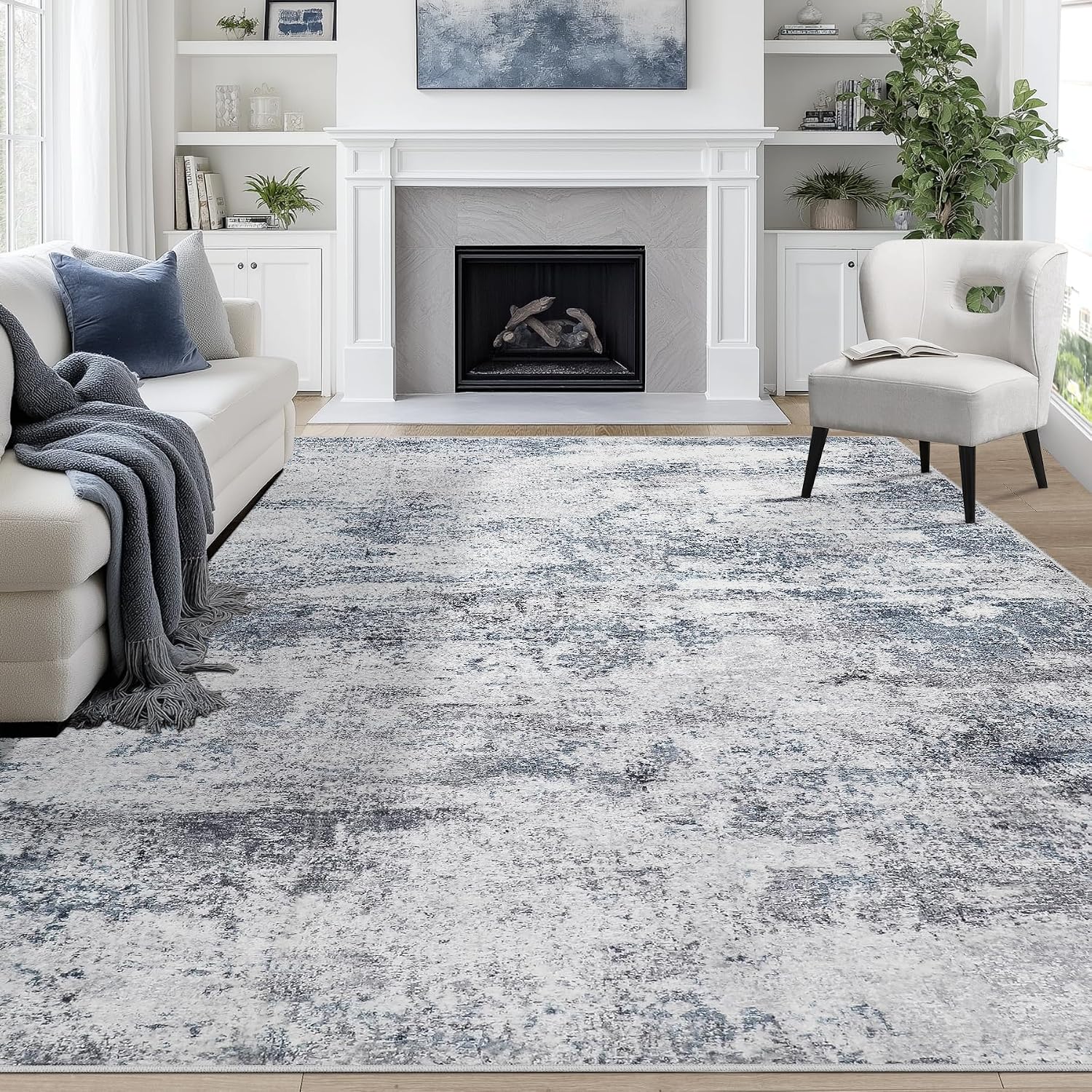 Modern Abstract Washable Blue Grey Area Rug
