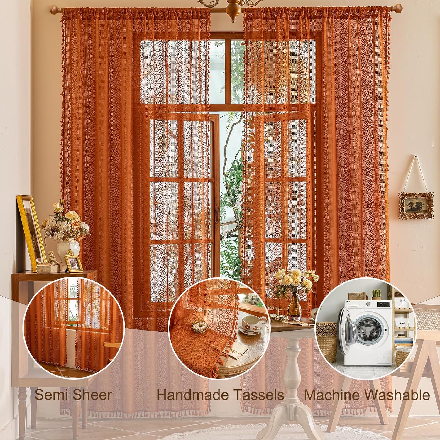 Home Terracotta Boho Lace Curtains