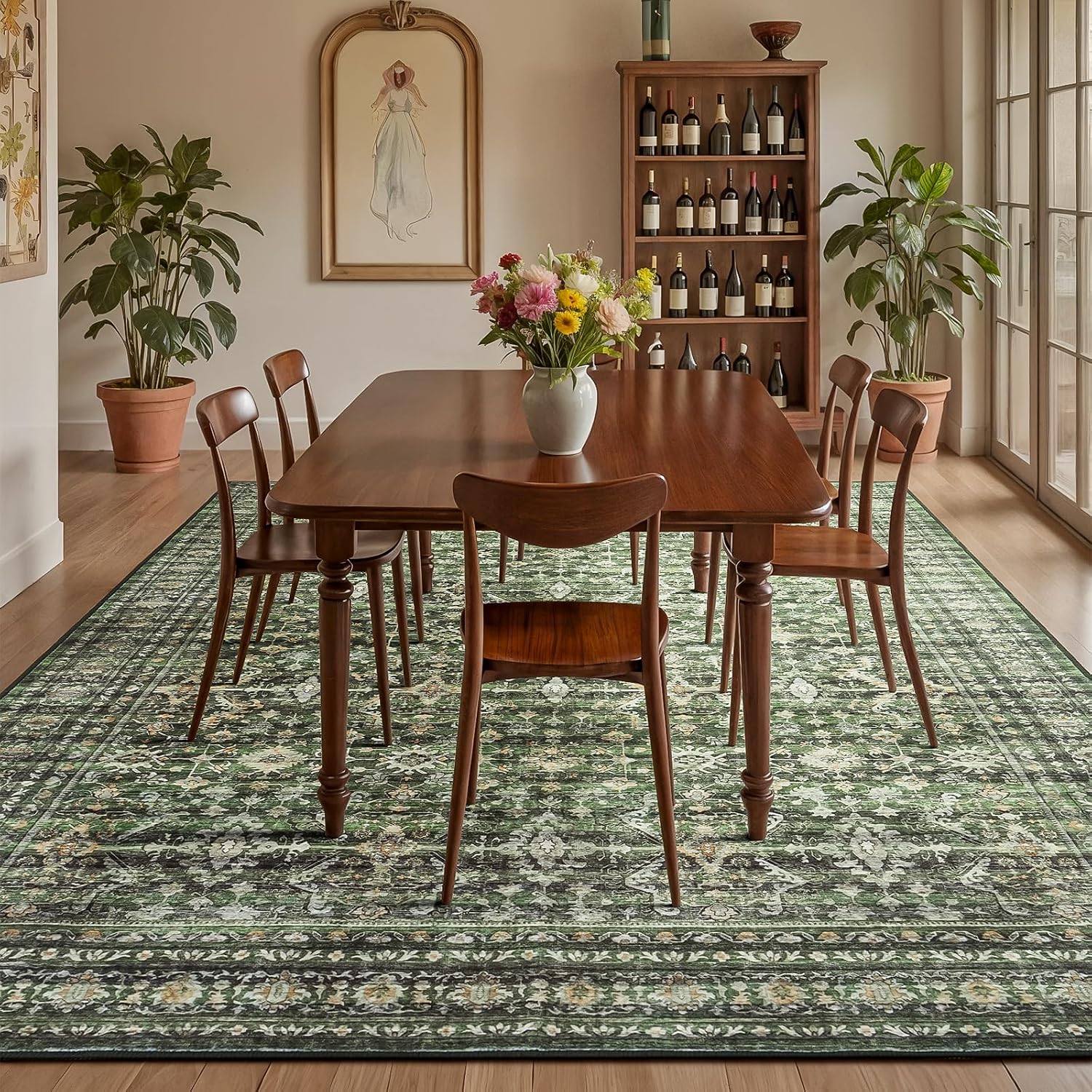 Boho Vintage Washable Green Area Rug