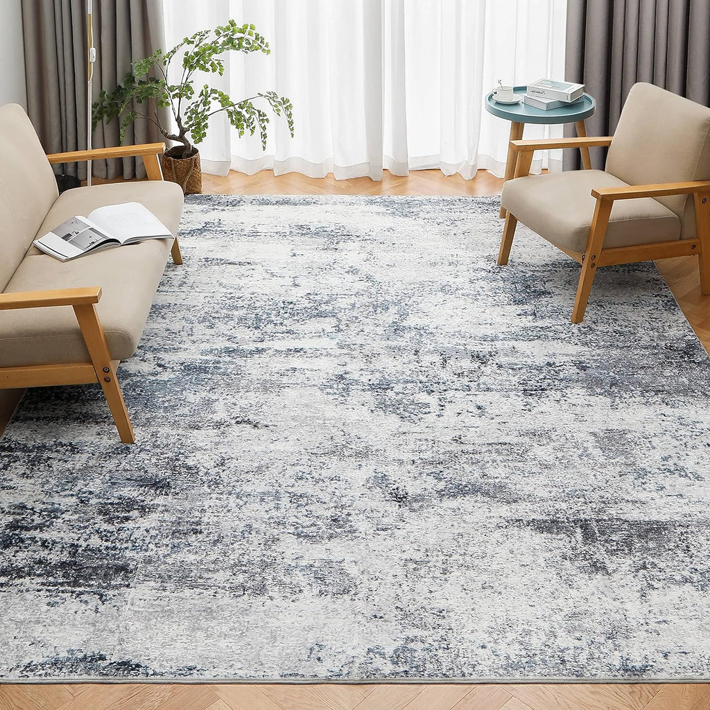 Modern Abstract Washable Blue Grey Area Rug